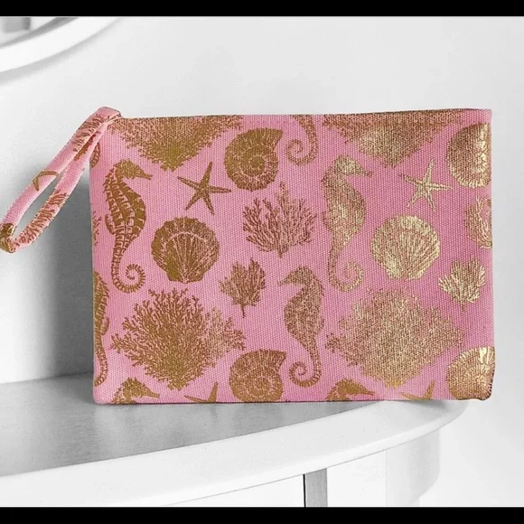 Pink and Gold Metallic Foil Print Sea Life Wristlet Clutch Zip Bag - Picture 5 of 12